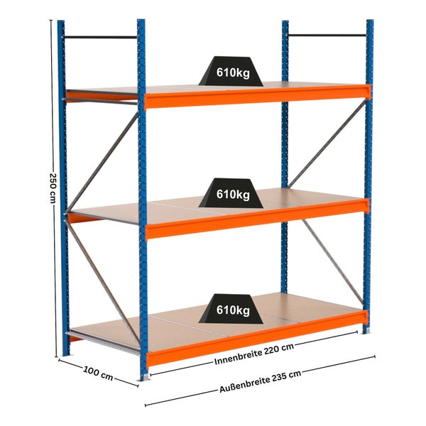 Lagerregal mit drei Ebenen und den Maßen 250 cm Höhe, 100 cm Tiefe und 235 cm Außenbreite