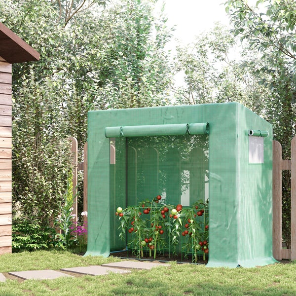 Outsunny Gewächshaus, 200 x 76 x 168 cm Foliengewächshaus mit Rolltür, Treibhaus, Tomatenhaus mit Seitenfenster, PE-Gitterfolie, Winterfest Pflanzenhaus für Garten, Balkon, Grün