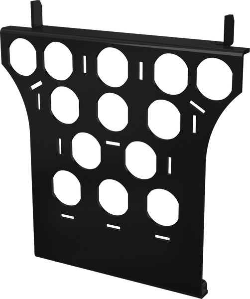 Schwarzer Werkzeughalter aus Kunststoff mit runden Aussparungen und Einhängehaken für eine Werkzeugwand.