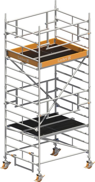 Rollgerüst mit zwei Arbeitsbühnen und Layher Logo