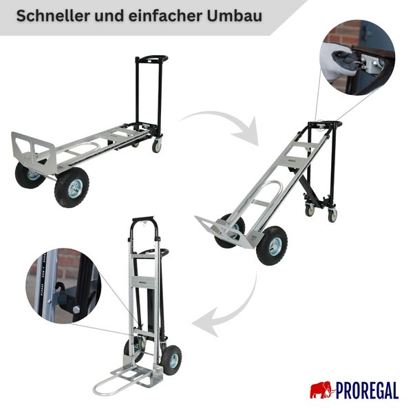 Mehrzweck-Transportkarre aus Aluminium in drei Positionen: als Plattformwagen, Schrägwagen und Sackkarre. Proregal Logo.
