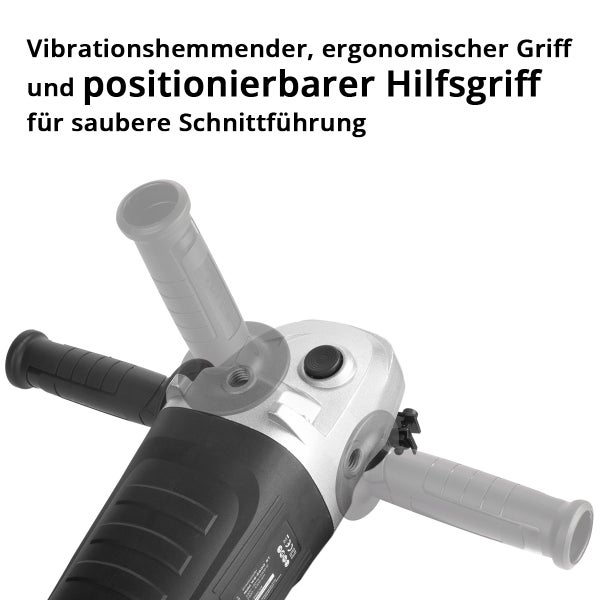 Winkelschleifer mit vibrationshemmendem, ergonomischem Griff und positionierbarem Hilfsgiff für saubere Schnittführung