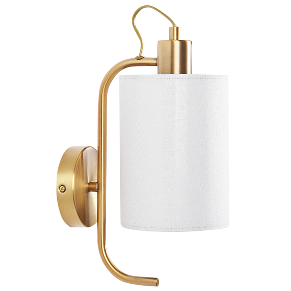 Wandleuchte mit Stoffschirm und goldfarbenem Rahmen