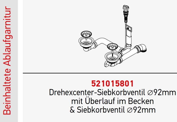 Drehexcenter Siebkorbventil mit Überlauf im Becken und Siebkorbventil 92 Millimeter