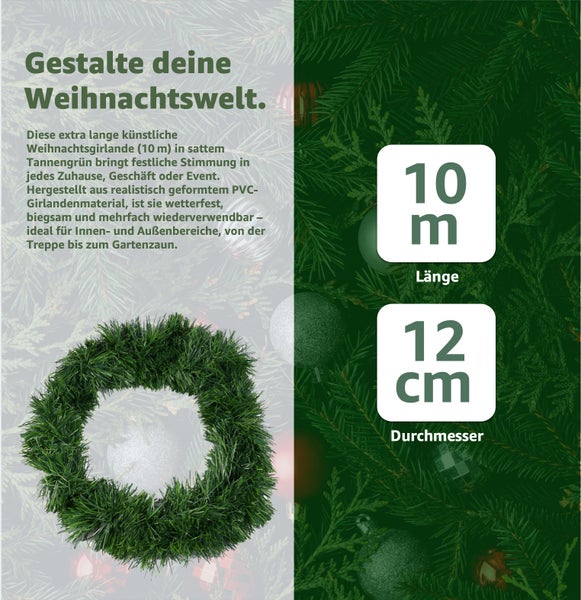 Künstliche Tannengirlande, zehn Meter lang, Durchmesser zwölf Zentimeter, für Weihnachten