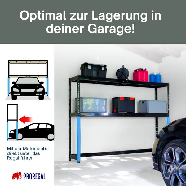 PROREGAL Schwerlastregal für die Garage mit Platz zum Parken eines Autos unter der ersten Ablage. Lagerboxen auf den Regalböden. PROREGAL Logo.