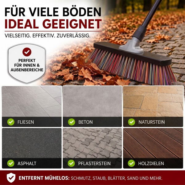 Ein Straßenbesen für Innen und Außen zum Kehren von Fliesen, Beton, Naturstein, Asphalt, Pflasterstein und Holzdielen zur Schmutzentfernung.