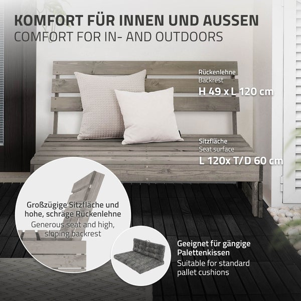 Holzgartenbank für innen und außen, Sitzfläche 120 mal 60 Zentimeter, Rückenlehne 120 mal 49 Zentimeter, geeignet für Palettenkissen.