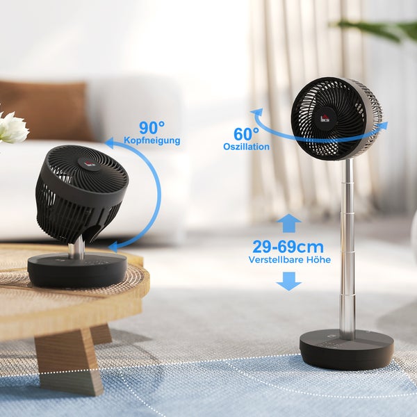 HOMCOM Standventilator USB Wiederaufladbarer Ventilator mit Fernbedienung einstellbarer Neigung Oszillation 10 Geschwindigkeitsstufen Timer Höhenverstellbar Teleskopventilator für Büro Camping