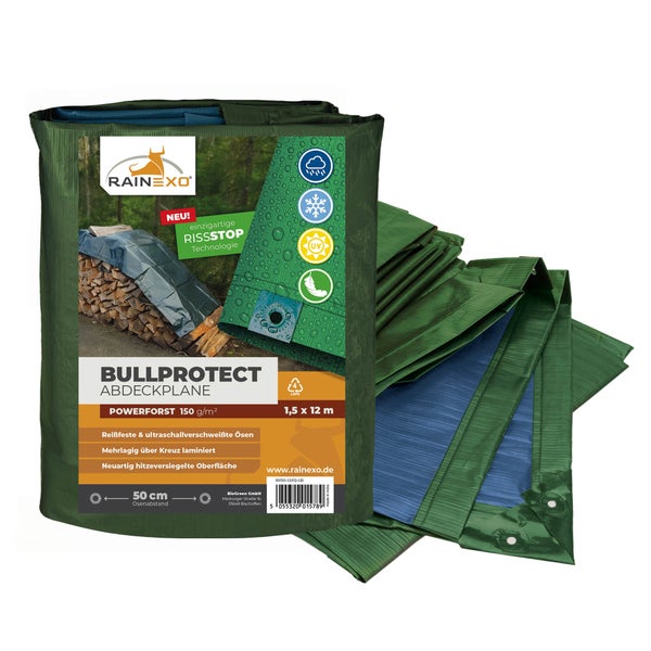 Grün-blaue Abdeckplane Rainexo Bullprotect Powerforst, 150 Gramm pro Quadratmeter, 1,5 mal 12 Meter, reißfest, frostfest, ultraviolettbeständig.