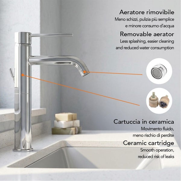 Waschtischarmatur mit abnehmbarem Luftsprudler für weniger Wasserspritzer und Keramikkartusche für eine leichtgängige Bedienung.