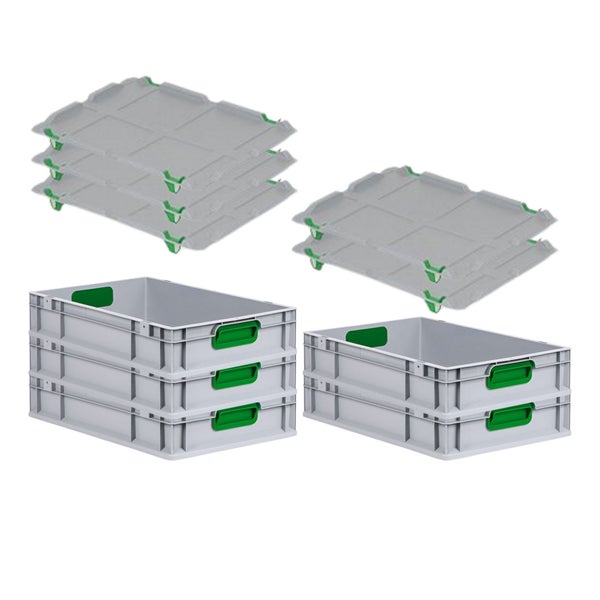 PROREGAL Spar Set 5x Eurobox Nextgen Color Mit Auflagedeckel & Schiebeschnappverschlüsse HxBxT 12 x 40 x 60 cm Griffe Grün Geschlossen Glatter Boden