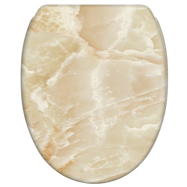 WC-Sitz mit Marmor-Optik in Beige und Braun.