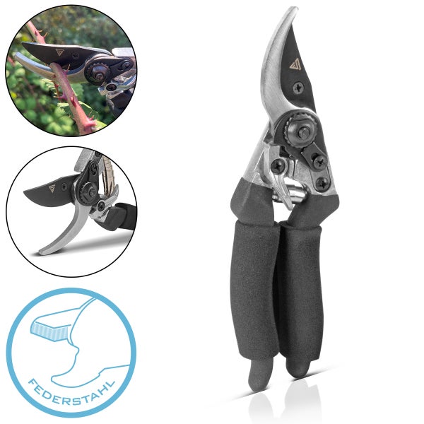 Bypass-Gartenschere mit ergonomischen Griffen und Klingen aus Federstahl. Detailansichten der Mechanik und Anwendung an einem Zweig.