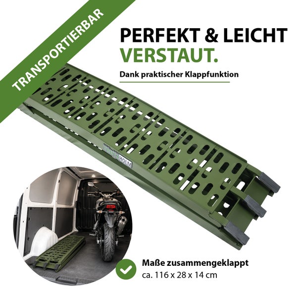 Grüne klappbare Auffahrrampe aus Metall von Trutzholm, Maße zusammengeklappt circa 116 x 28 x 14 cm, platzsparend im Transporter verstaubar.