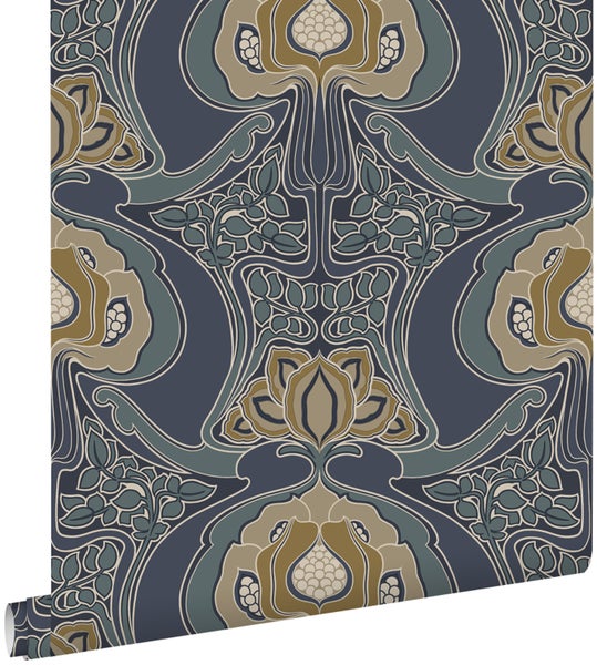 ESTAhome Tapete Blumenmuster im Jugendstil Graublau - 53 cm x 10.05 m - 139572