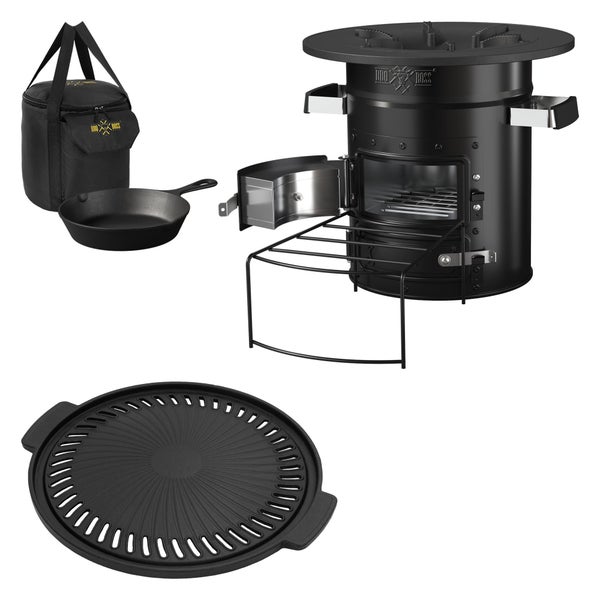 BBQ#BOSS Raketenofen mit Grillpfanne & Tragetasche, Stahl, Schwarz, mit Gusseisen Grillplatte, Campingkocher Holz mit Brennholzständer, Doppeltür, Camping BBQ Holzofen, Outdoor, Dutch Oven Raketenherd