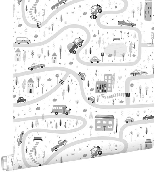 Kindertapete mit Stadtmotiv, Straßen, Autos und Bäumen für das Kinderzimmer