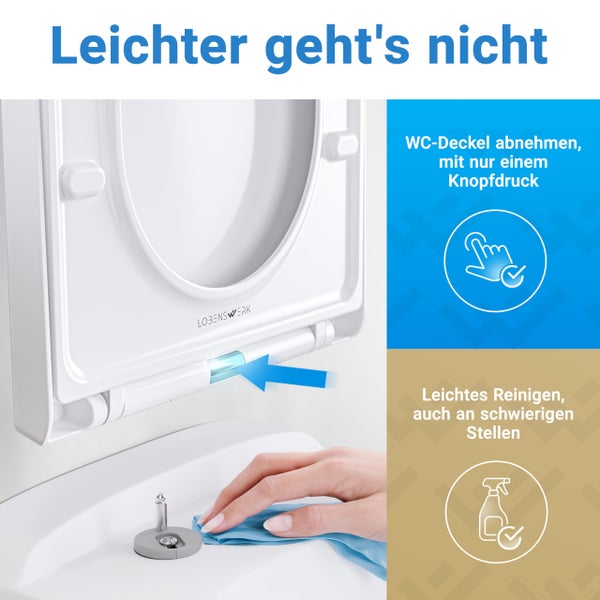Lobenswerk Logo. Toilettensitz mit Abnehmfunktion per Knopfdruck für einfache Reinigung an schwierigen Stellen.