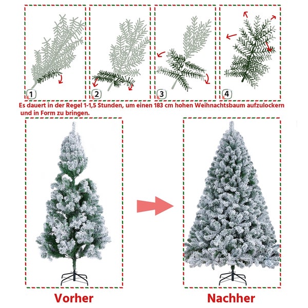 Vergleich eines künstlichen Weihnachtsbaums vor und nach dem Aufrichten