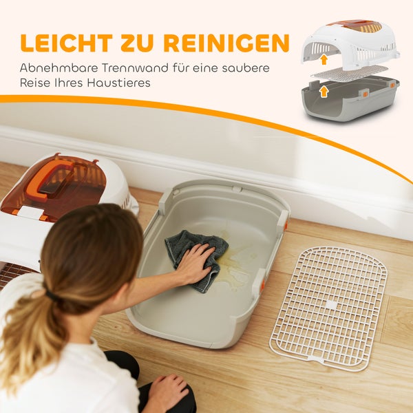 Transportbox für Haustiere mit abnehmbarem Gitterboden zur einfachen Reinigung der Bodenwanne mit einem Tuch.