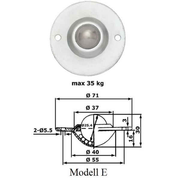 Kugelrolle Modell E mit einer Tragkraft von maximal 35 Kilogramm und technischer Maßzeichnung mit Durchmesserangaben in Millimetern.