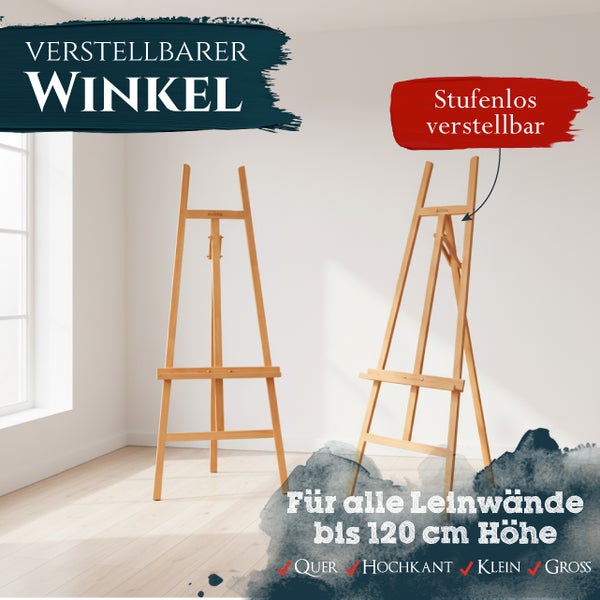 Zwei verstellbare Atelierstaffeleien aus Holz für Leinwände bis 120 Zentimeter Höhe mit stufenloser Neigungseinstellung für verschiedene Formate.