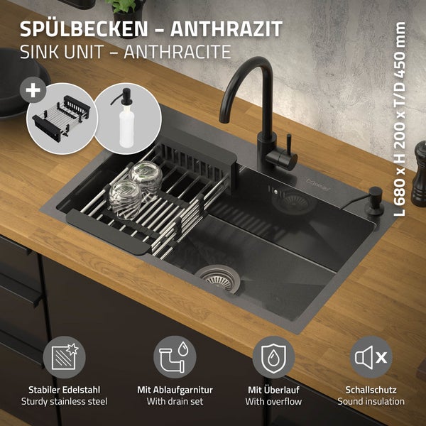 ML-Design Spülbecken Edelstahl 68x45 cm Anthrazit, Küchenspüle 1 Becken Einbauspüle, Edelstahlspüle mit Ab- und Überlaufgarnitur, Abtropfkorb, Seifenspender, Einzelbecken mit Siphon, Waschbecken Küche