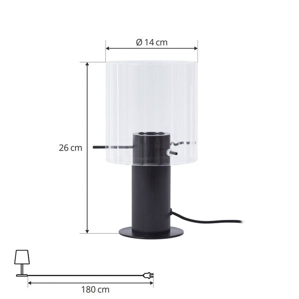 Tischleuchte mit schwarzem Fuß, transparentem Glasschirm, Höhe 26 Zentimeter, Durchmesser 14 Zentimeter, Kabellänge 180 Zentimeter.