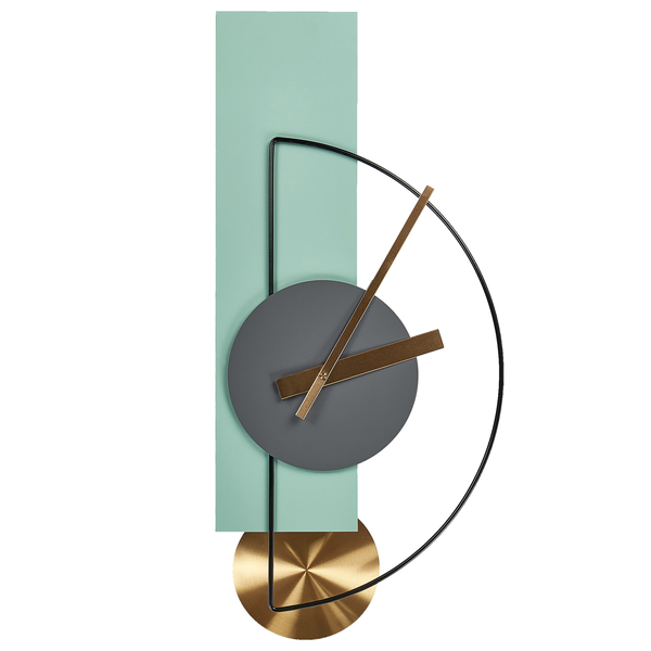 Moderne abstrakte Wanduhr mit geometrischen Formen in Grün, Grau und Gold, minimalistisches Zifferblatt ohne Zahlen.