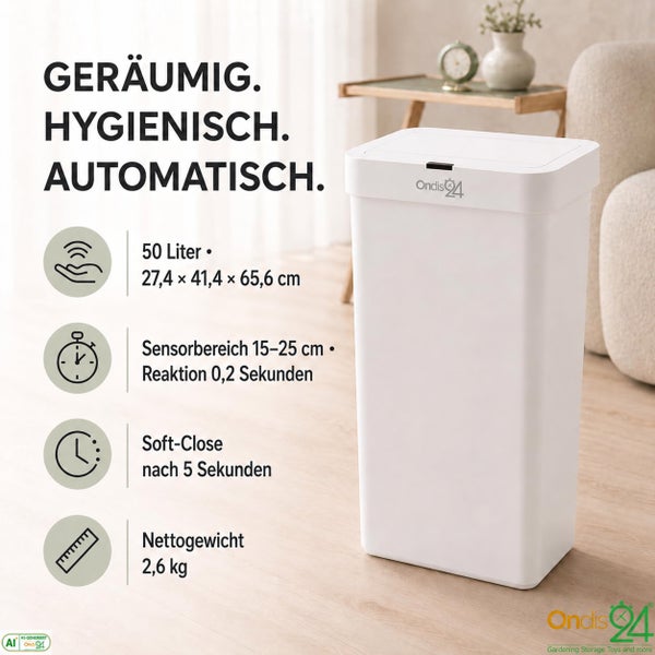 Sensor Abfalleimer von Ondis24 mit automatischer Soft Close Deckel Funktion in drei Schritten dargestellt für die Küche.