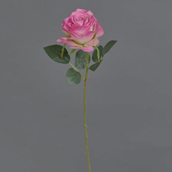 Künstliche pinkfarbene Rose mit grünem Stiel und Blättern