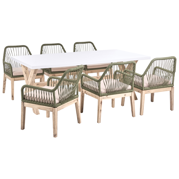 Gartenmöbel-Set bestehend aus einem weißen rechteckigen Tisch mit Holzbeinen und sechs Stühlen mit grünem Seilgeflecht und Sitzkissen.