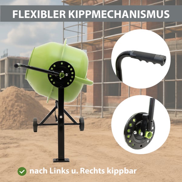 Betonmischer mit flexiblem Kippmechanismus, der nach links und rechts kippbar ist, inklusive Detailansicht des Griffs und des Schwenkrads.