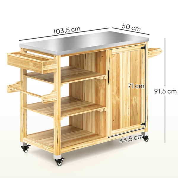 Küchenwagen aus Holz mit Edelstahlarbeitsplatte und Rollen. Abmessungen 103,5 Zentimeter mal 50 Zentimeter mal 91,5 Zentimeter.
