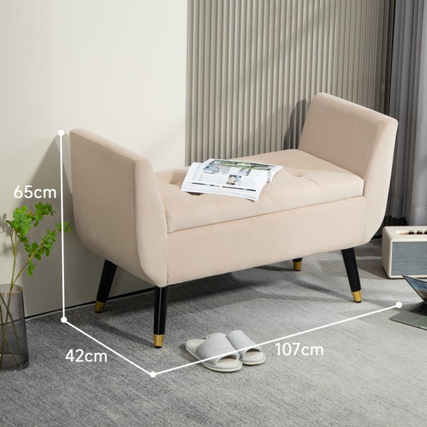 HOMCOM Sitzbank mit Stauraum Armlehnen Polsterbank mit Samtoptik, Sitztruhe mit Holzbeine, Truhenbank für Wohnzimmer Schlafzimmer Flur 107 x 42 x 65 cm, Beige
