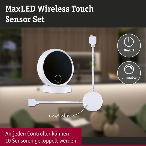 MaxLED Funk Touch Sensor Set inklusive Controller. Zum Schalten und Dimmen. Bis zu 10 Sensoren pro Controller koppelbar.