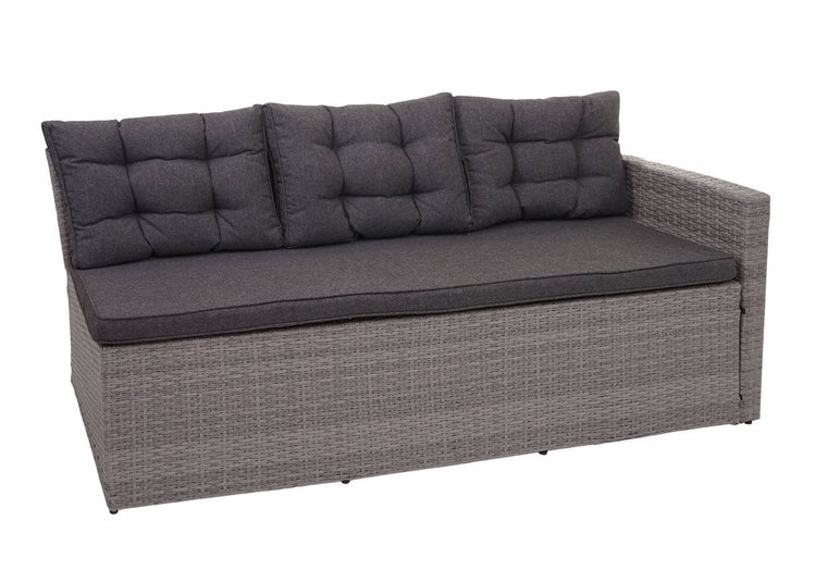 Drei-Sitzer Gartensofa aus Polyrattan in Grau mit Sitzkissen und drei Rückenkissen in Dunkelgrau.