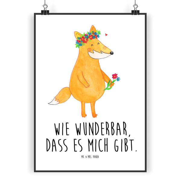 Mr. & Mrs. Panda DIN A5 Poster Fuchs Blumen - Weiß