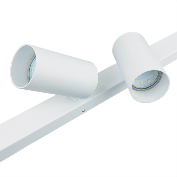 Weiße LED-Strahlerleiste mit zwei zylindrischen Strahlern.