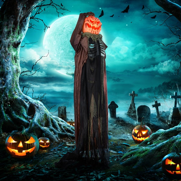HOMCOM 183cm Halloween Dekoration Skelett-Kürbis mit LED-Lichter, Soundfunktion, Haustür Deko mit verstellbarem Kopf, Garten Dekofigur in Lebensgröße für Party
