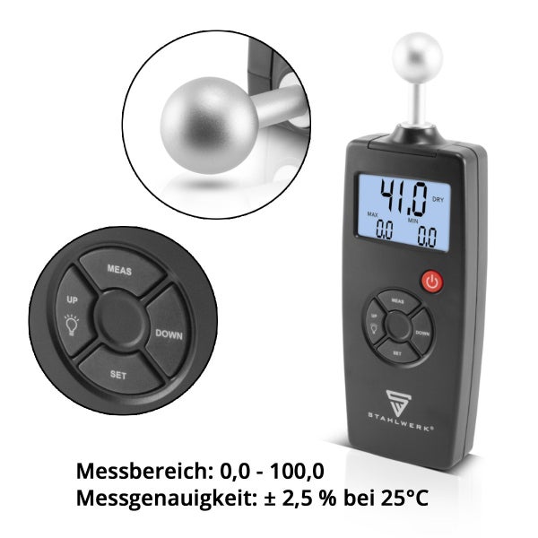 STAHLWERK Feuchtigkeitsmesser, Kugelkopfsonde, Display, Tasten, STAHLWERK Logo. Bereich 0,0 bis 100,0. Genauigkeit plus minus 2,5 Prozent.