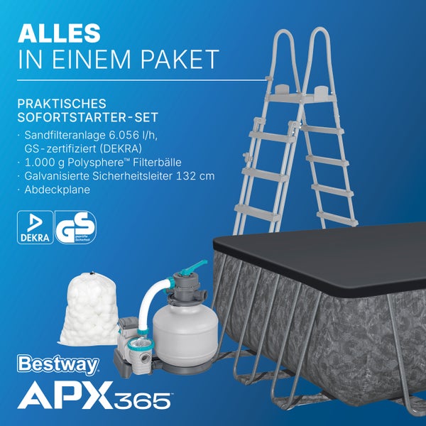 Bestway Pool-Set APX365 mit Sandfilter, Filterbällen, Leiter, Abdeckplane, Pool in Steinoptik, Bestway Logo, DEKRA Logo und Geprüfte Sicherheit Siegel.