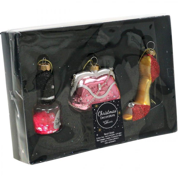 Weihnachtsbaumschmuckset mit Nagellackflasche, Handtasche und High Heel