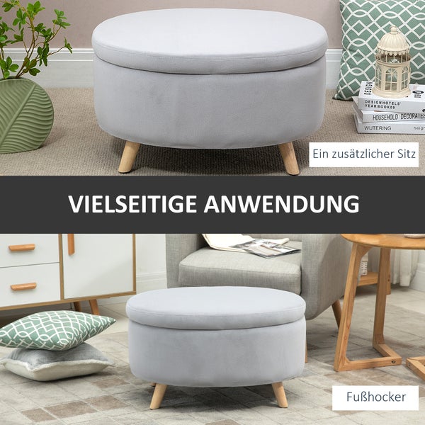 HOMCOM Sitzbank mit Stauraum, Oval Polsterbank mit Deckel, Bettbank mit Samtoptik, für Flur Schlafzimmer Wohnzimmer, Holzbeine 71 x 51,5 x 42 cm Hellgrau