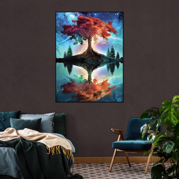 Wandbild mit Motiv eines surrealen Baumes im Schlafzimmer über einem Bett mit Kissen und einer Decke neben einem Sessel und einer Pflanze