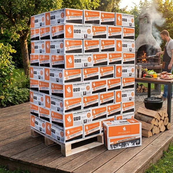 Zylindrisches Holzbrikett mit einer Länge von 24 Zentimetern und einem Durchmesser von 8 bis 9 Zentimetern.