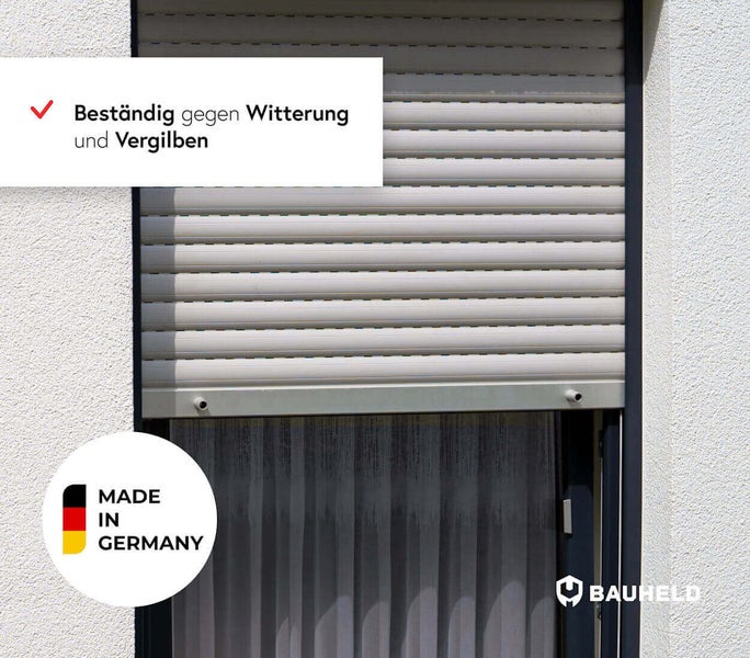 Rollladen am Fenster, beständig gegen Witterung und Vergilben. Made in Germany Siegel. Bauheld Logo.