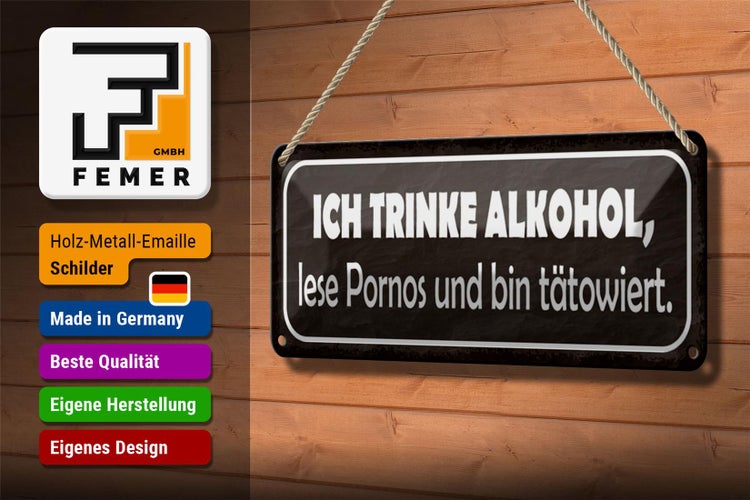 Blechschild Spruch 27x10cm ich trinke lese Pornos Dekoration