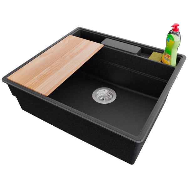 Spüle aus Verbundmaterial mit Schneidebrett, Spülmittel und Schwamm
